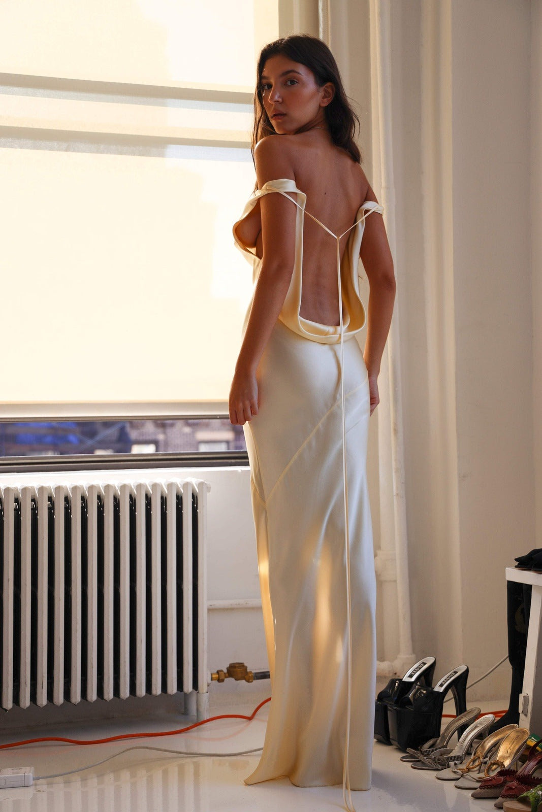 Persis Cowls Backless Satin Maxi Dress - View 2