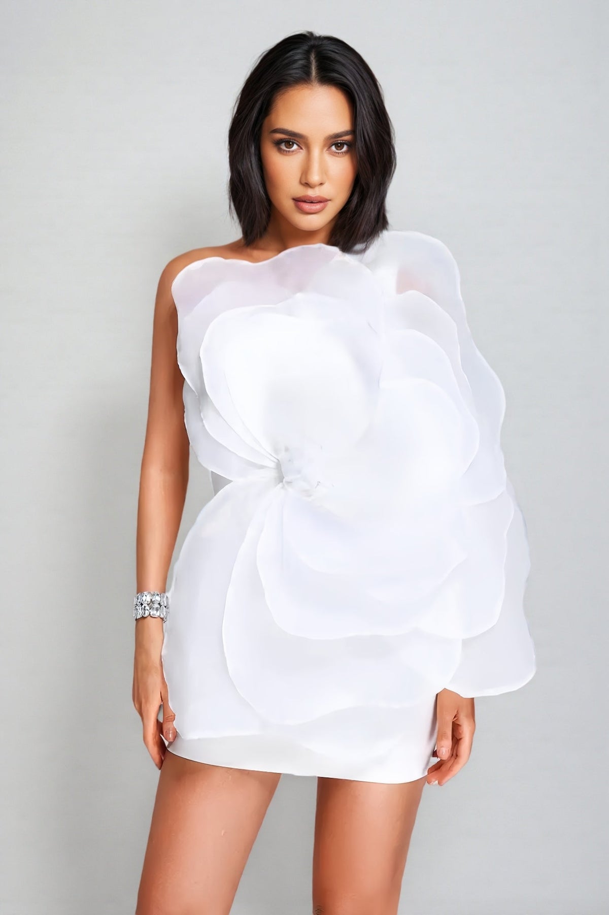 Opal Mesh Flower Mini Tube Dress-White - View 2