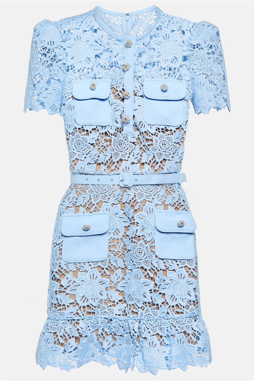 Floral Lace Short Sleeve Belted Ruffle Mini Dress - View 9