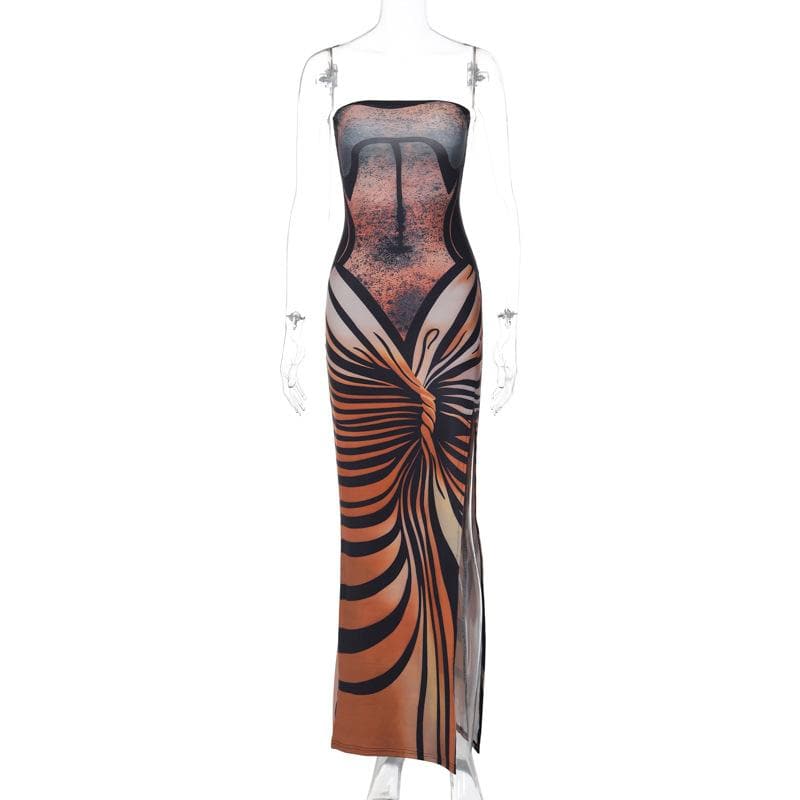 Lace up contrast print slit backless tube maxi dress - View 9