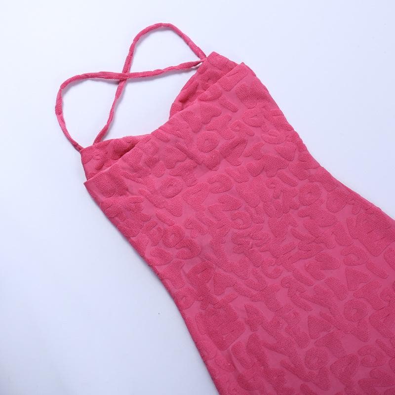 Cross back solid lace up backless textured mini dress - View 4