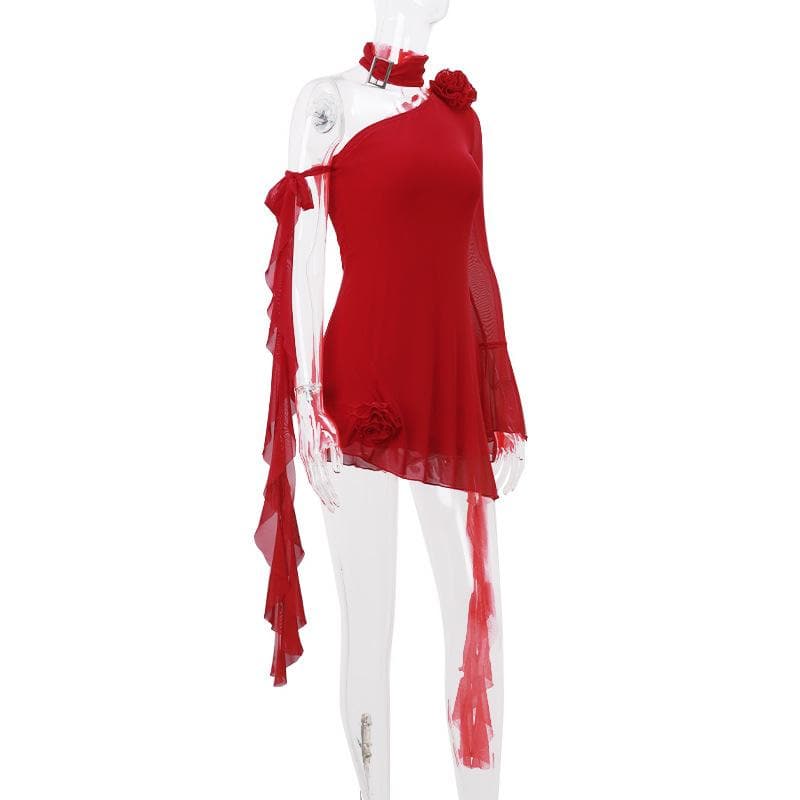 One Shoulder Flared Sleeve Mesh Flower Applique Ruffle Mini Dress - View 7