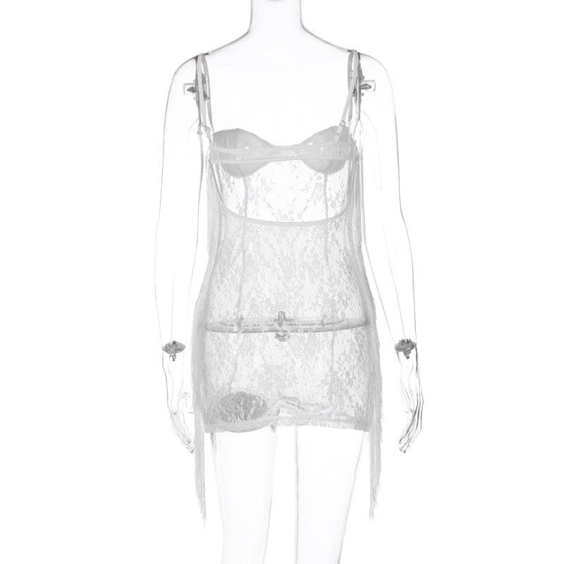 Tassels low cut see through lace solid backless cami mini dress - View 3