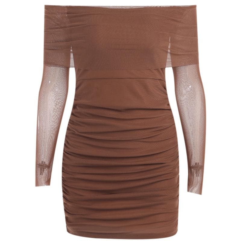 Mesh off shoulder solid long sleeve ruched mini dress - View 4