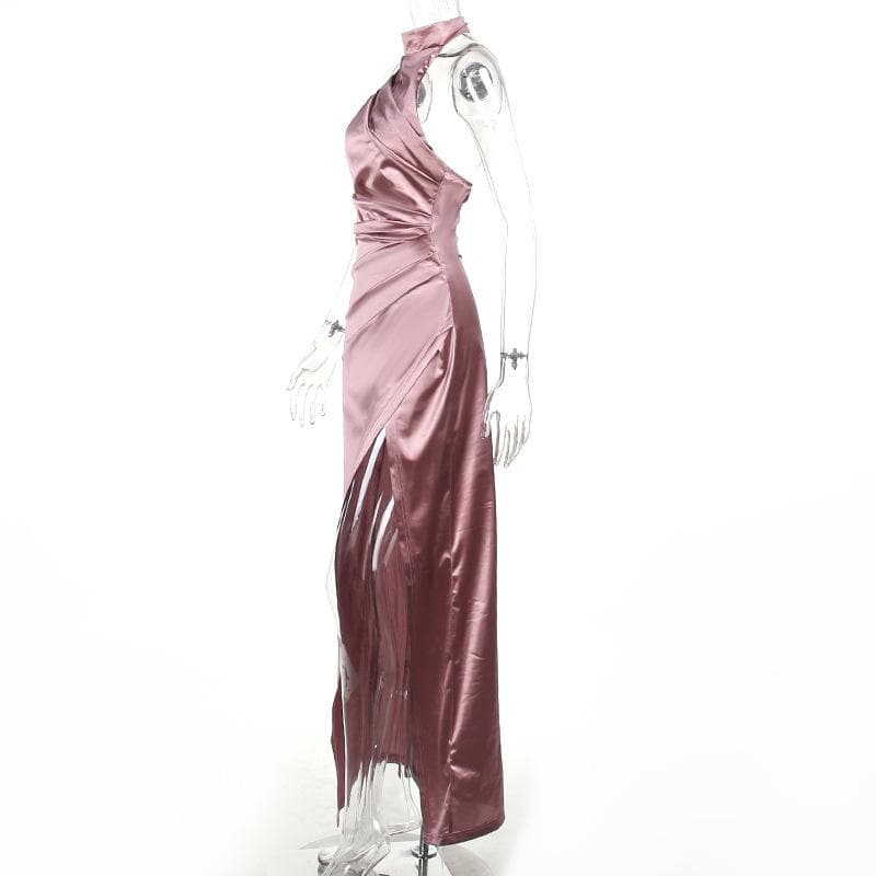 Ruched solid satin zip-up halter backless slit maxi dress - View 3