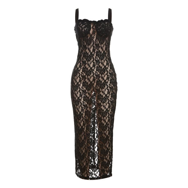 Lace solid zip-up see through sleeveless backless maxi dress - View 2