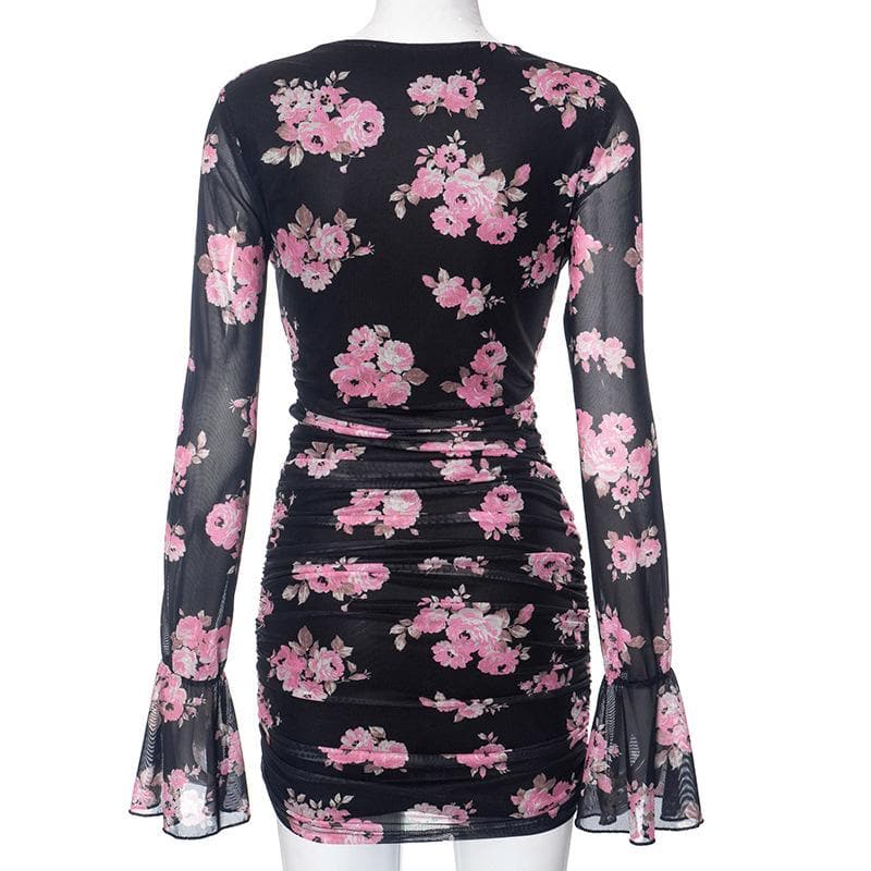 Floral Print Cowl Neck Long Sleeve Ruched Sheer Mesh Mini Dress - View 4