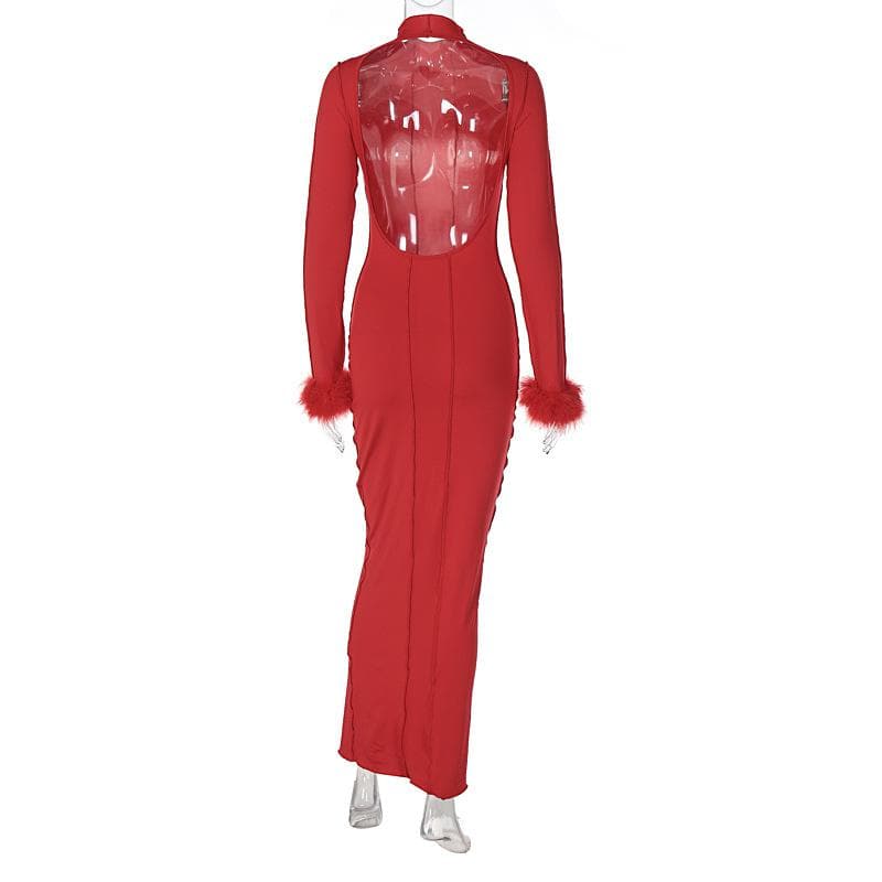 Long sleeve solid feather ruffle high neck backless midi dress - View 4