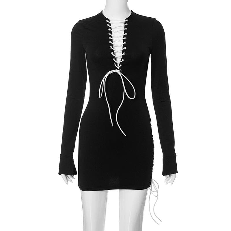 Lace up contrast long sleeve irregular crewneck mini dress - View 2