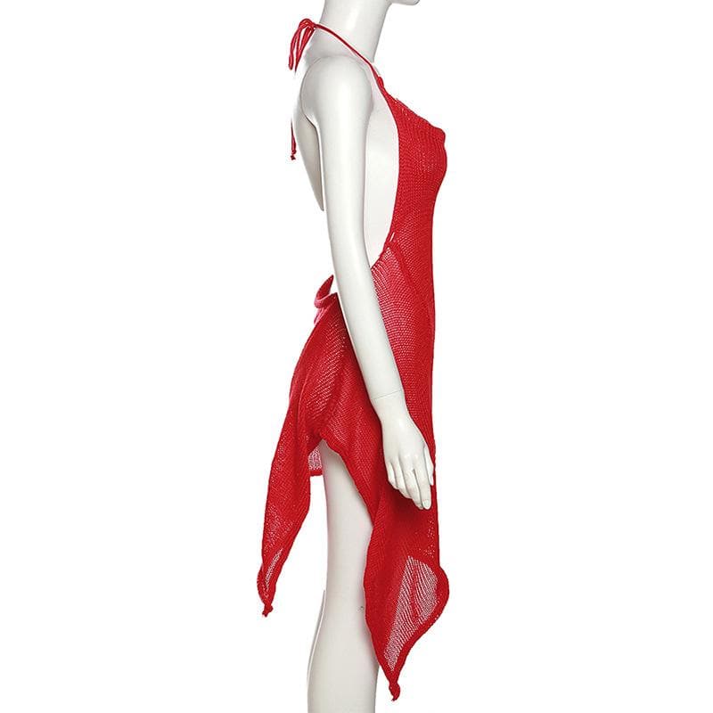 Knit Halter Neck Backless High Low Mini Dress - View 7