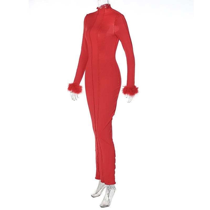 Long sleeve solid feather ruffle high neck backless midi dress - View 3