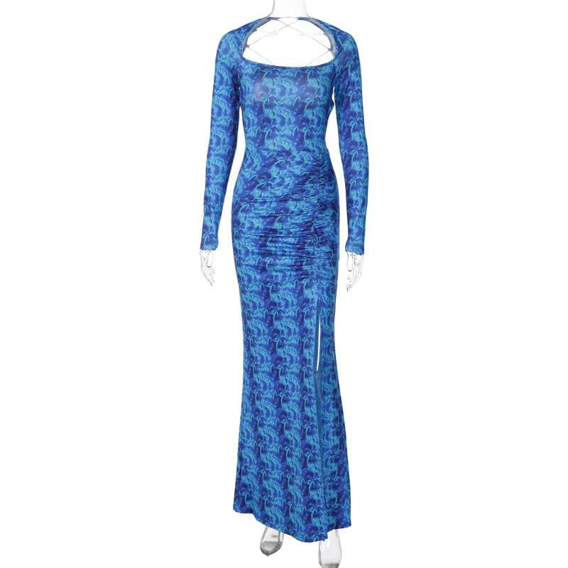 Lace up backless long sleeve slit ruched contrast print maxi dress - View 9
