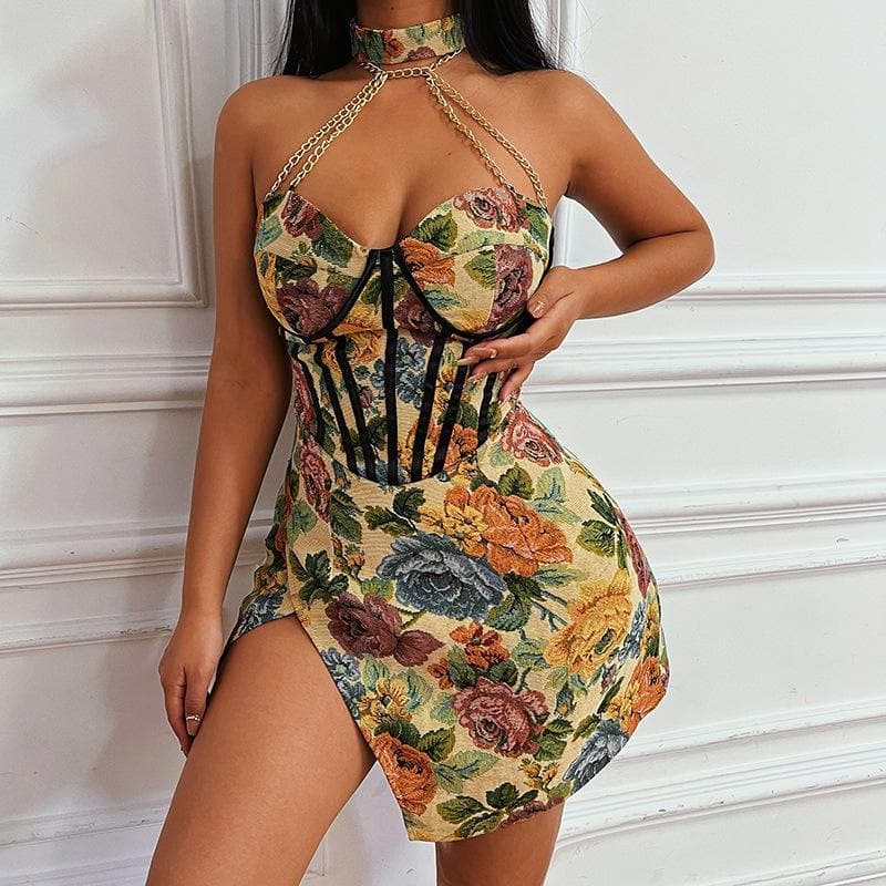 Floral Halter Neck Corset High Split Mini Dress - View 2