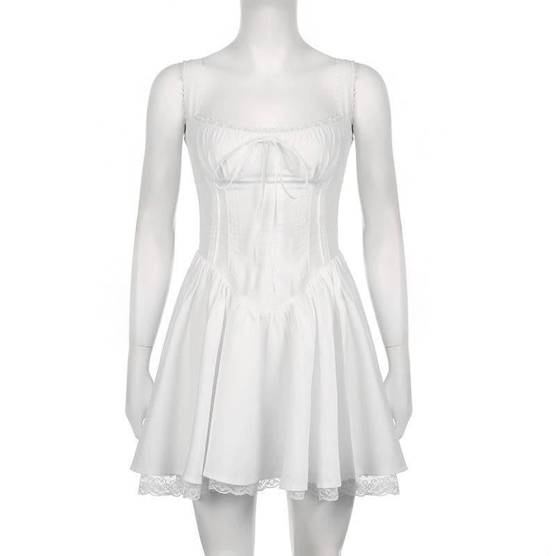 Zip-up lace hem ruched square neck backless solid mini dress - View 4