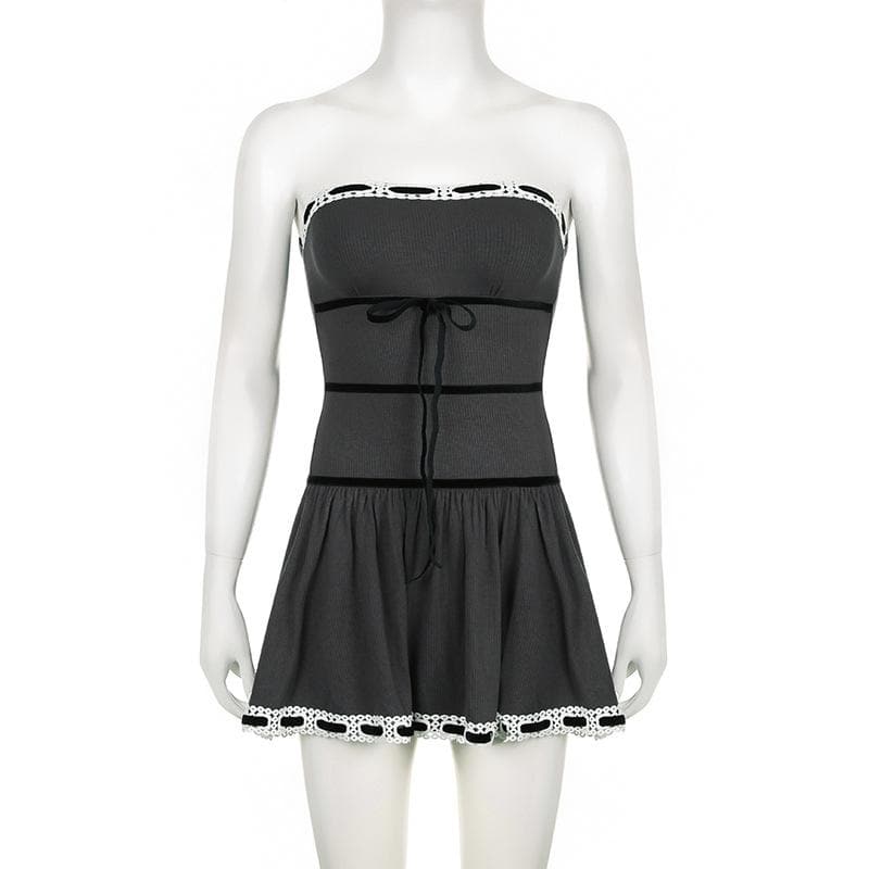 Ribbed lace hem contrast ruched backless tube mini dress - View 9
