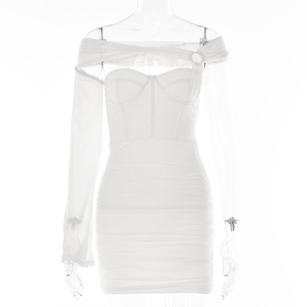 Solid one shoulder o ring hollow out mesh backless mini dress - View 2
