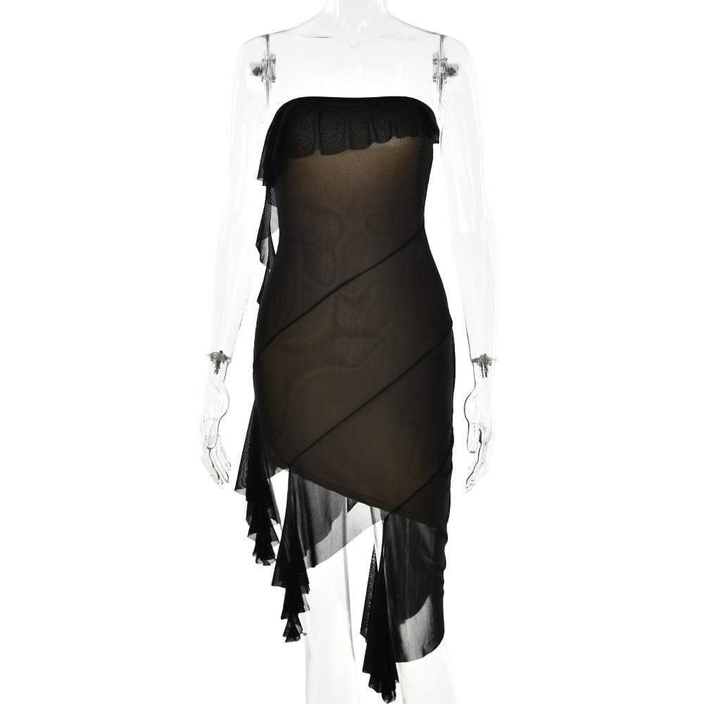 Mesh ruffle solid irregular backless tube mini dress - View 8