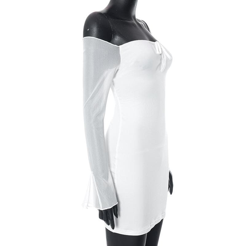 Mesh solid off shoulder long sleeve self tie mini dress - View 3