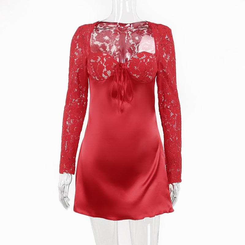 Lace zip-up long sleeve patchwork padded mini dress - View 9