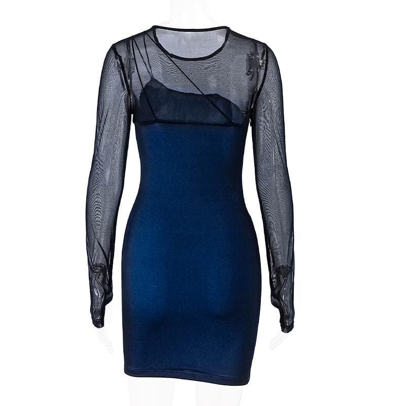 Long sleeve gloves mesh patchwork stitch contrast mini dress - View 4
