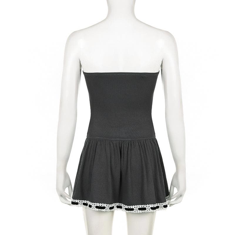 Ribbed lace hem contrast ruched backless tube mini dress - View 4