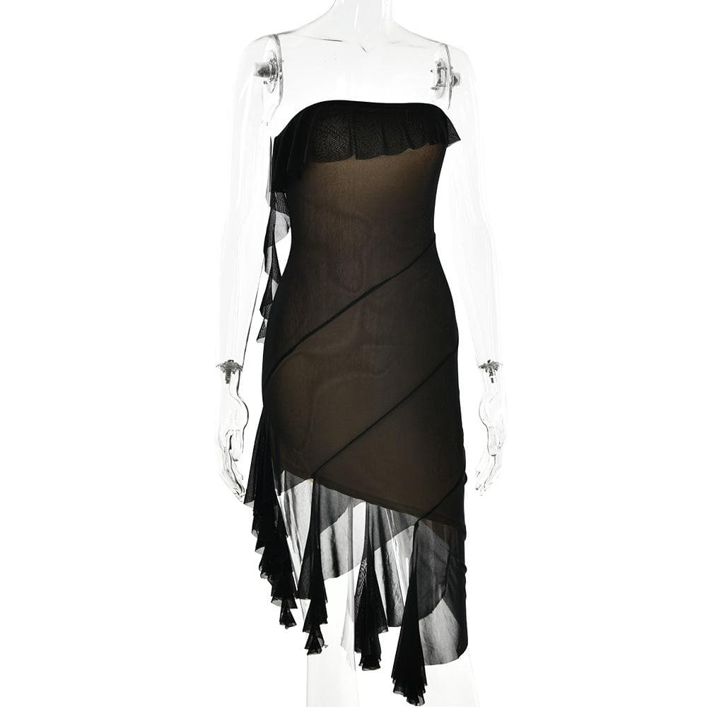 Mesh ruffle solid irregular backless tube mini dress - View 3
