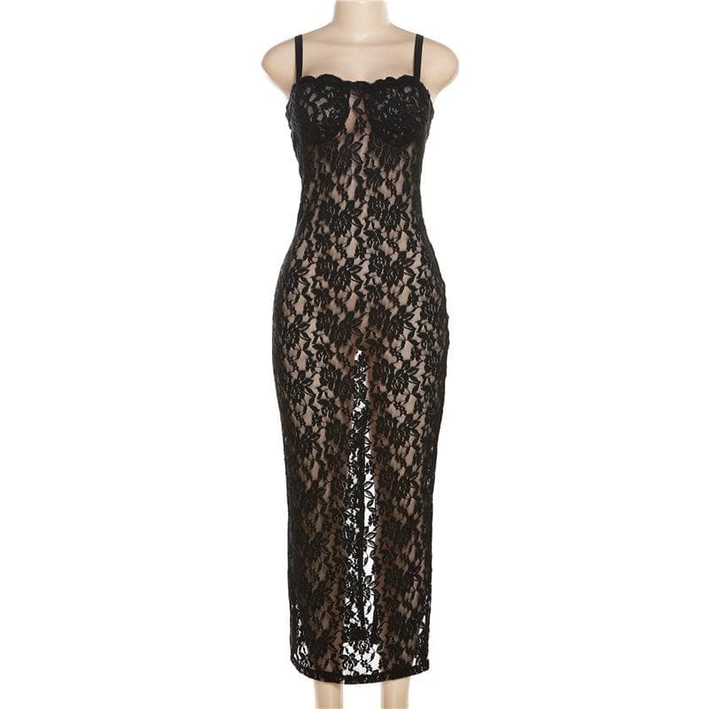 Lace solid zip-up see through sleeveless backless maxi dress - View 9