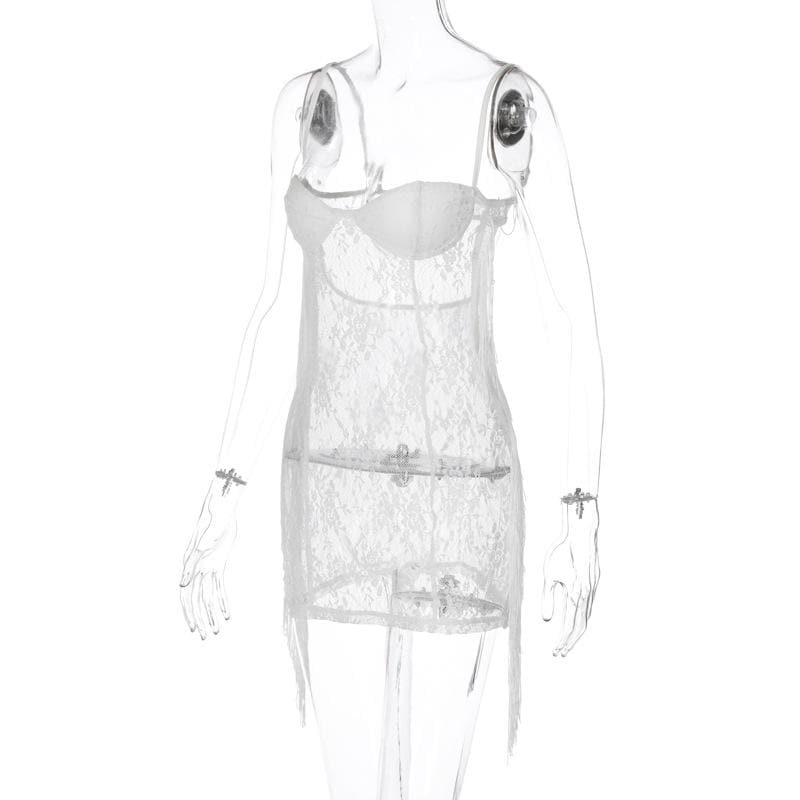 Tassels low cut see through lace solid backless cami mini dress - View 7