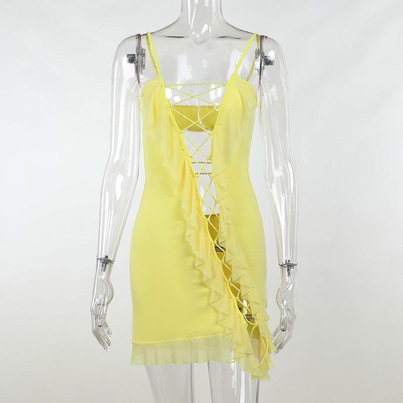 Lace up ruffle hollow out backless cami mini dress - View 5