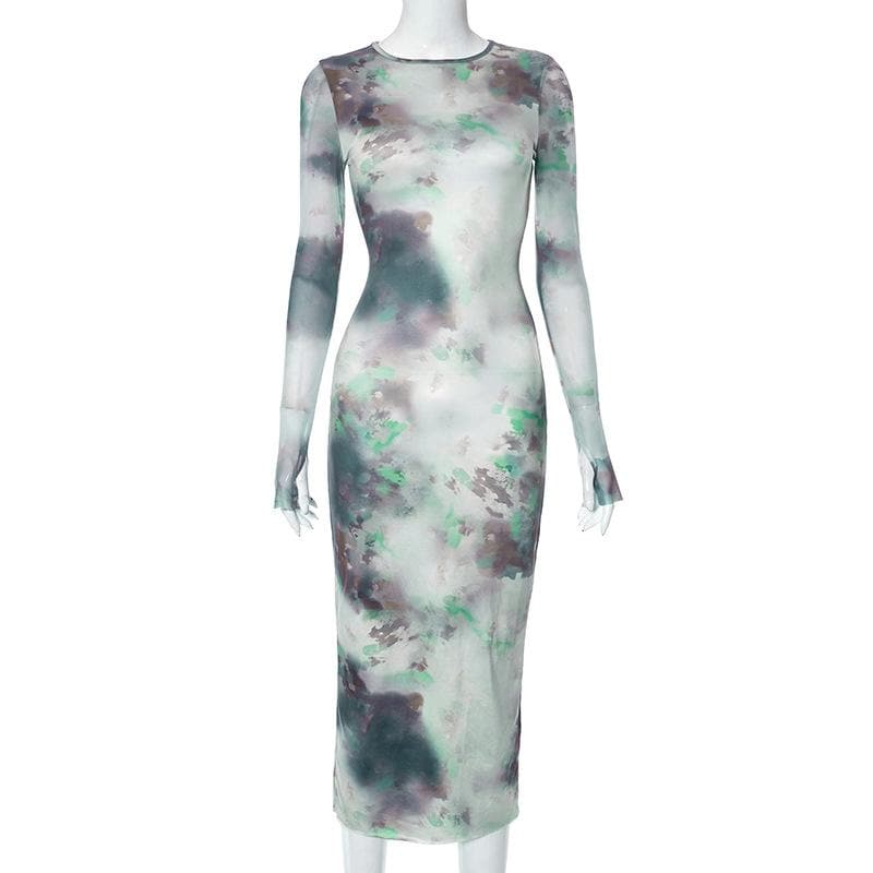 Long sleeve crewneck tie dye mesh gloves contrast midi dress - View 8