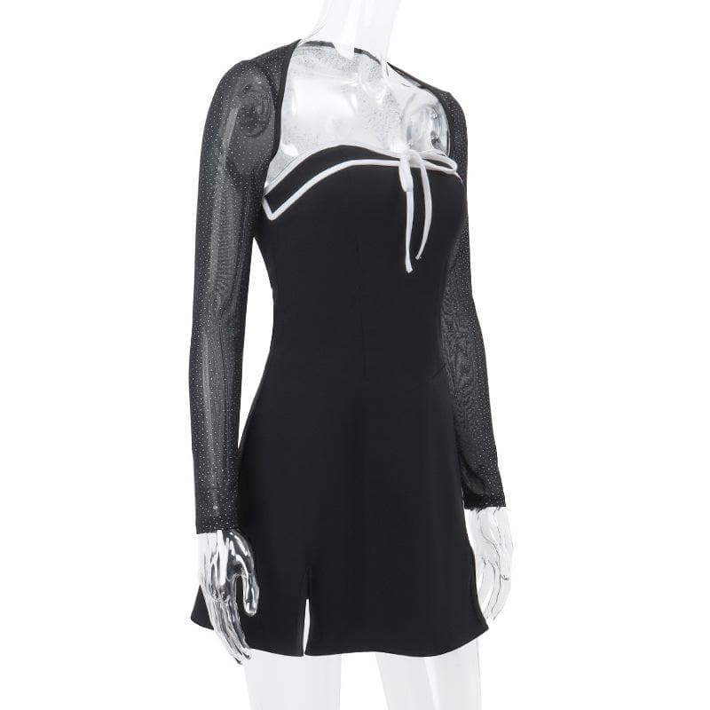 Long sleeve bowknot mesh shrug slit zip-up glitter 2 piece mini dress - View 3