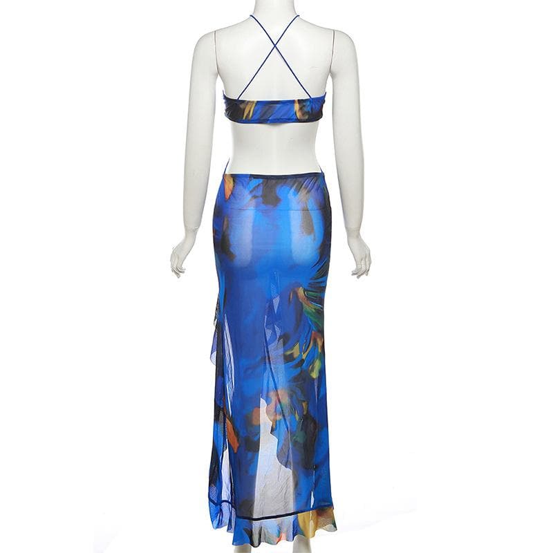 Cross front backless sheer mesh see through slit maxi dress - View 5