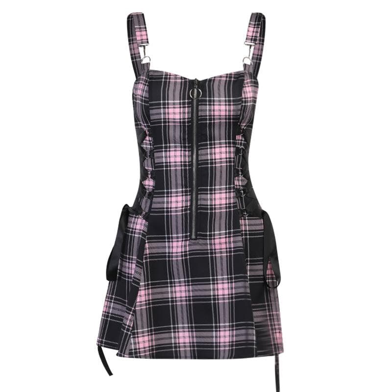 Plaid zip-up contrast sleeveless lace up backless mini dress - View 2