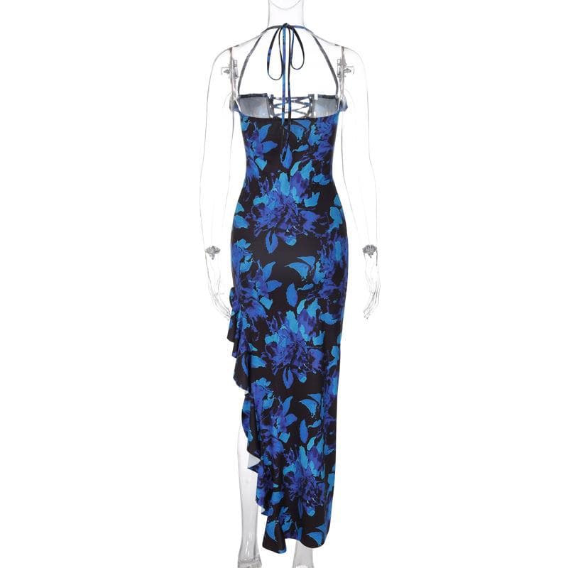Floral Halter Neck Lace Up Ruffle High Low Maxi Dress - View 3