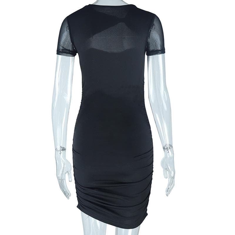 Ruched mesh solid hollow out short sleeve mini dress - View 4