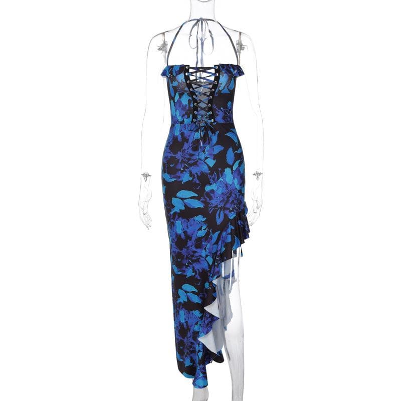 Floral Halter Neck Lace Up Ruffle High Low Maxi Dress - View 2
