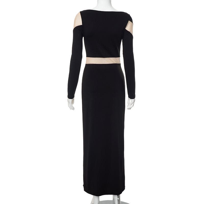 Mesh patchwork contrast irregular long sleeve maxi dress - View 3