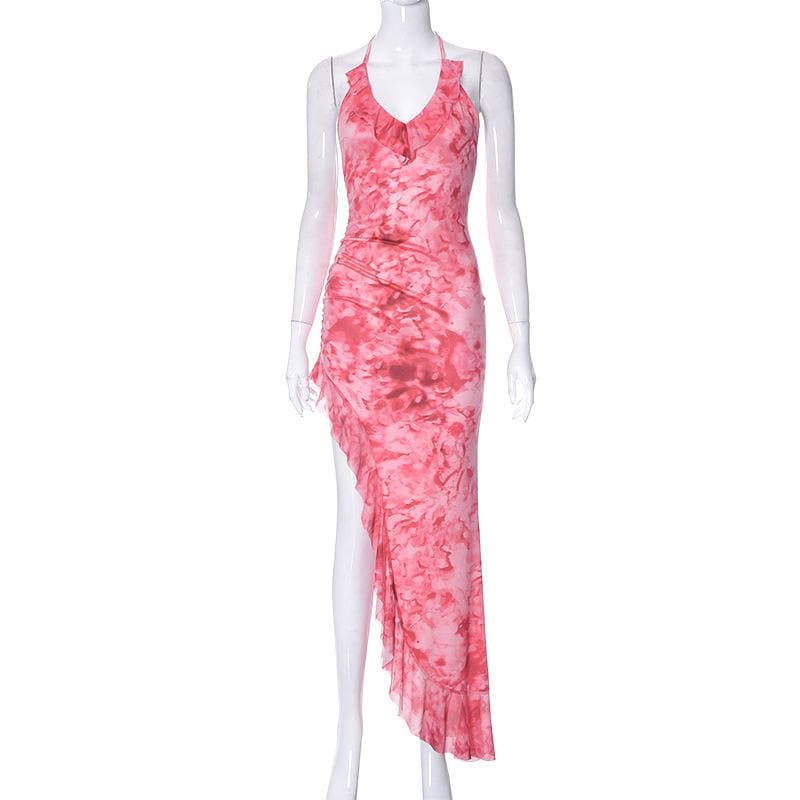 Mesh tie dye irregular contrast halter backless ruched maxi dress - View 8