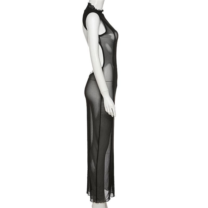 Sleeveless solid sheer mesh see through backless midi dress - View 3