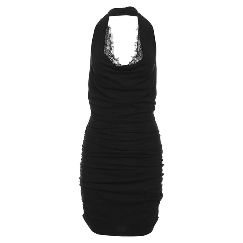 Lace Trim Cowl Neck Ruched Bodycon Mini Dress - View 8