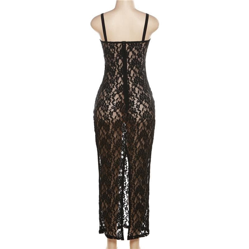 Lace solid zip-up see through sleeveless backless maxi dress - View 4