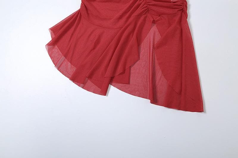 Ruched ruffle slit sheer mesh hollow out cami mini dress - View 9