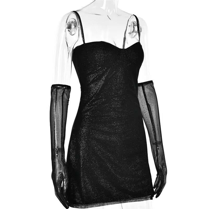 Textured mesh gloves sweetheart neck zip-up slit cami mini dress - View 4