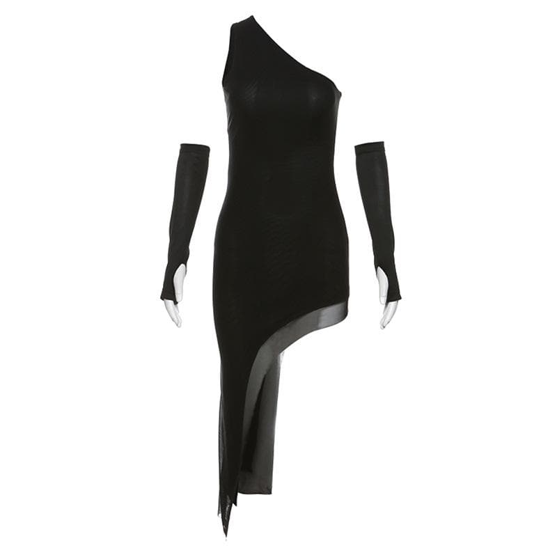 Mesh one shoulder solid irregular gloves sleeveless midi dress - View 9