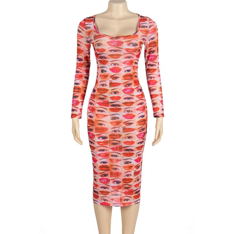 Long sleeve abstract u neck sheer mesh contrast midi dress - View 2