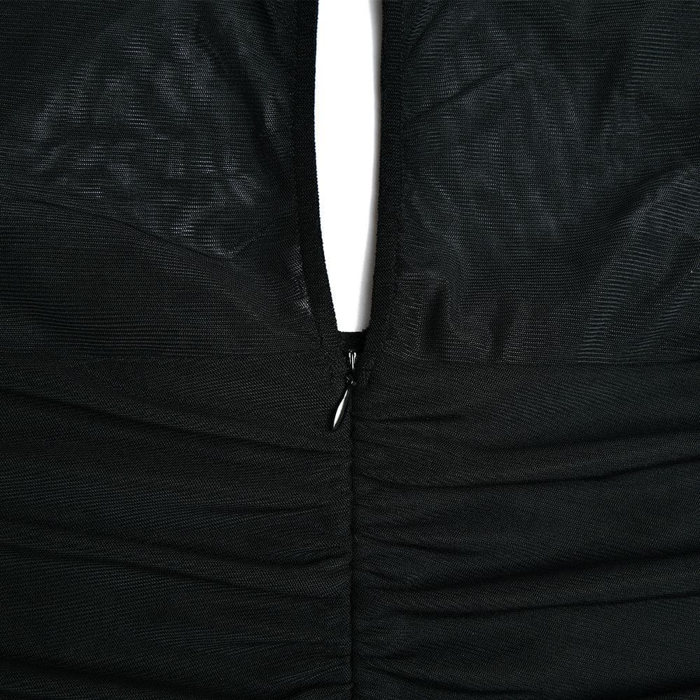 Hollow out ruched mesh long sleeve zip-up button mini dress - View 7