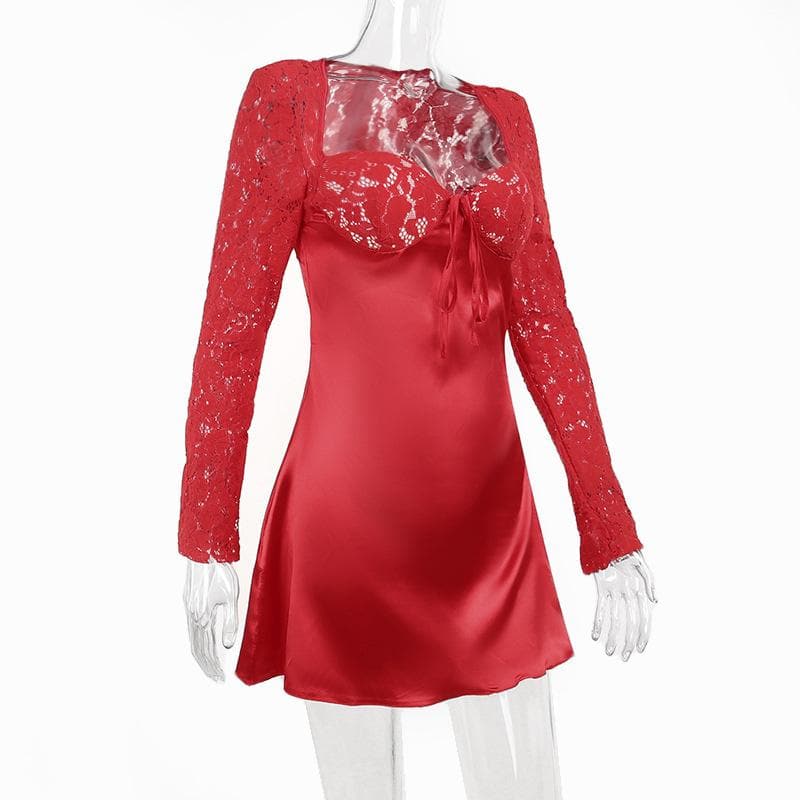 Lace zip-up long sleeve patchwork padded mini dress - View 3