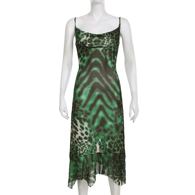 Leopard print cowl neck contrast ruffle backless mesh maxi dress - View 9