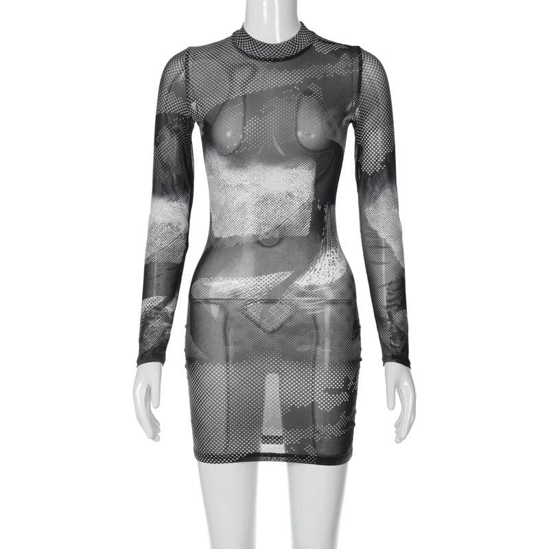 Long sleeve sheer mesh see through contrast polka dot mini dress - View 8