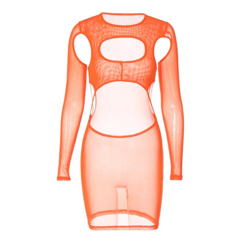 Long sleeve hollow out sheer mesh see through mini dress - View 3